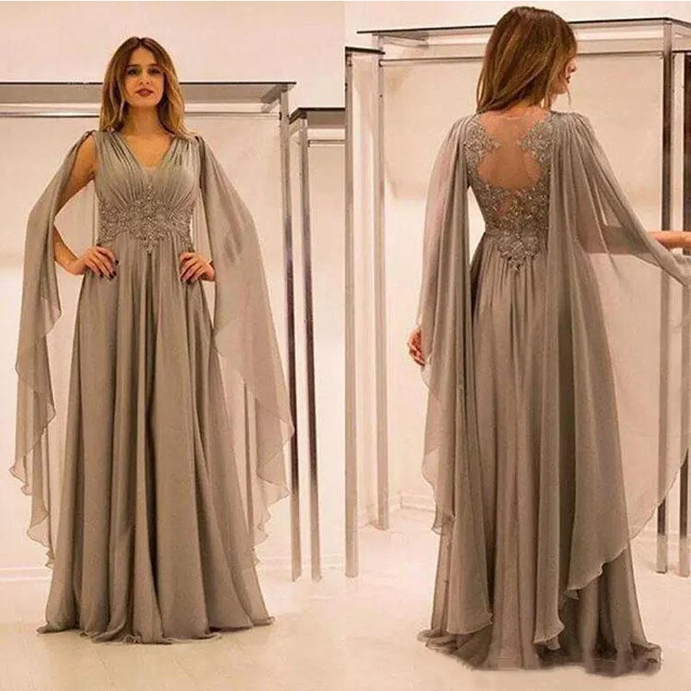 Top Trends: Elegant Chiffon Lace Mother Of The Bride Dresses Shawl Sleeves V-Neck Plus Size Saudi Arabic Groom Mother Evening Prom Dresses Shoppable Styles