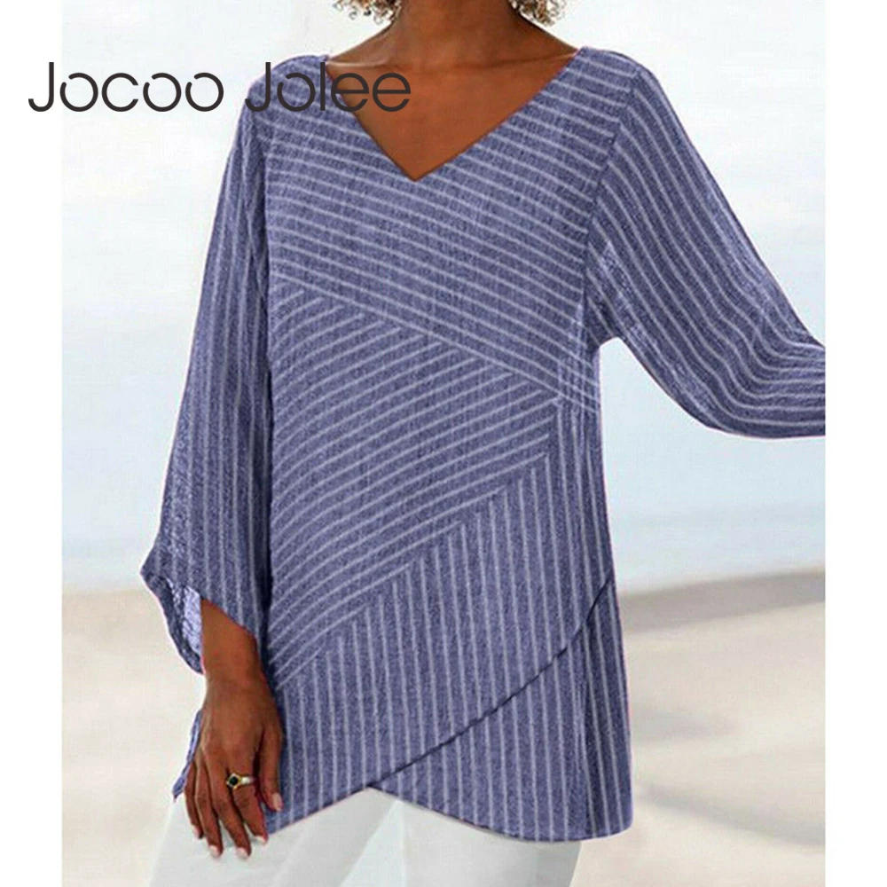 Top Trends: Jocoo Jolee Spring Oversized Striped Long Sleeve V Neck Baggy Blouse Shirt Ladies Summer Tunic Tops Casual Loose Shirt Shoppable Styles