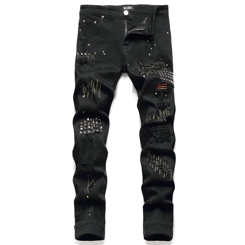 Top Trends: EH·MD® Diamond Embroidered Jeans Men&#039;s Scraped Inside Floral Trim Splash Ink Slim Cotton Stretch Leather Standard Black Pants 22 Shoppable Styles