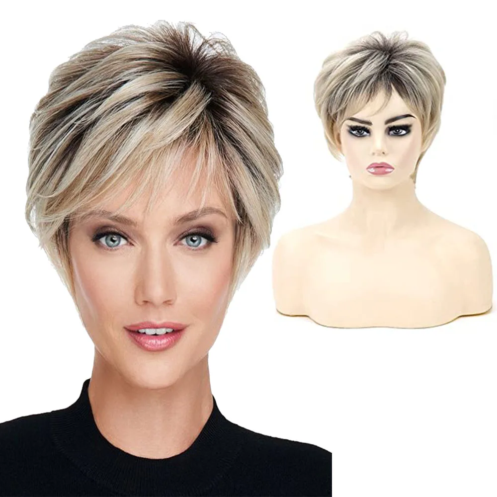 Top Trends: WHIMSICAL W Short Straight Ombre Blonde Wig With Bang For Women Synthetic Natural Hair Wig Dark Roots Heat Resistant Wigs Shoppable Styles