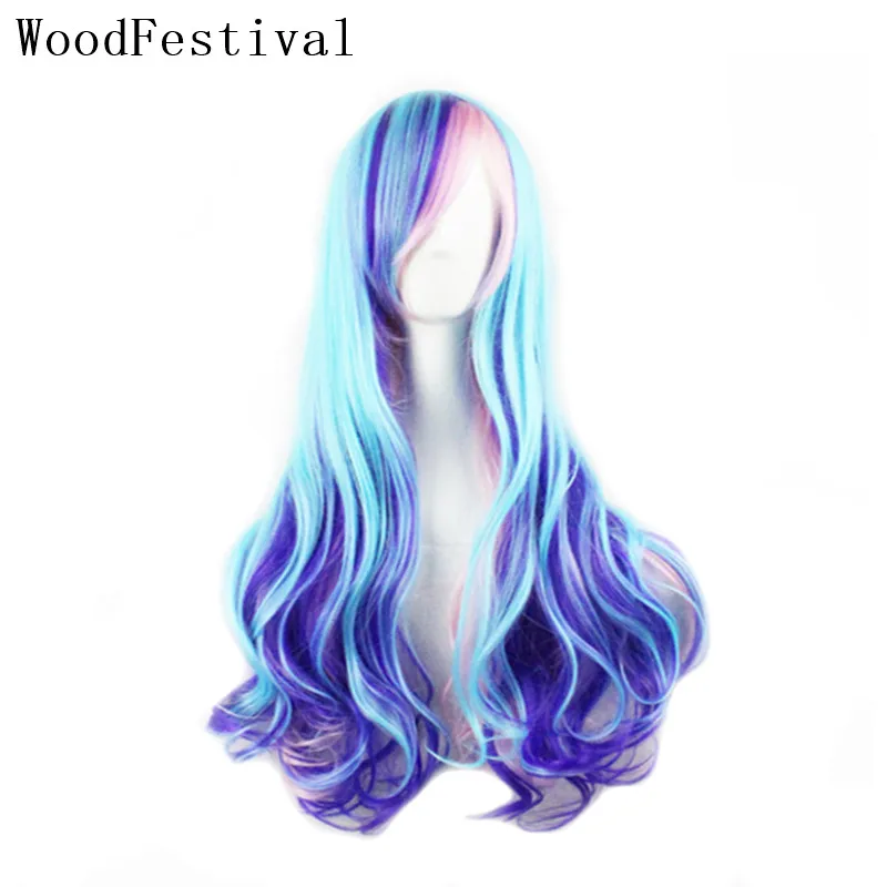 Top Trends: WoodFestival Synthetic Hair Wig With Bangs Colored Cosplay Wigs For Women Long Wavy Rainbow Pink Blue Red Green Brown White Grey Shoppable Styles