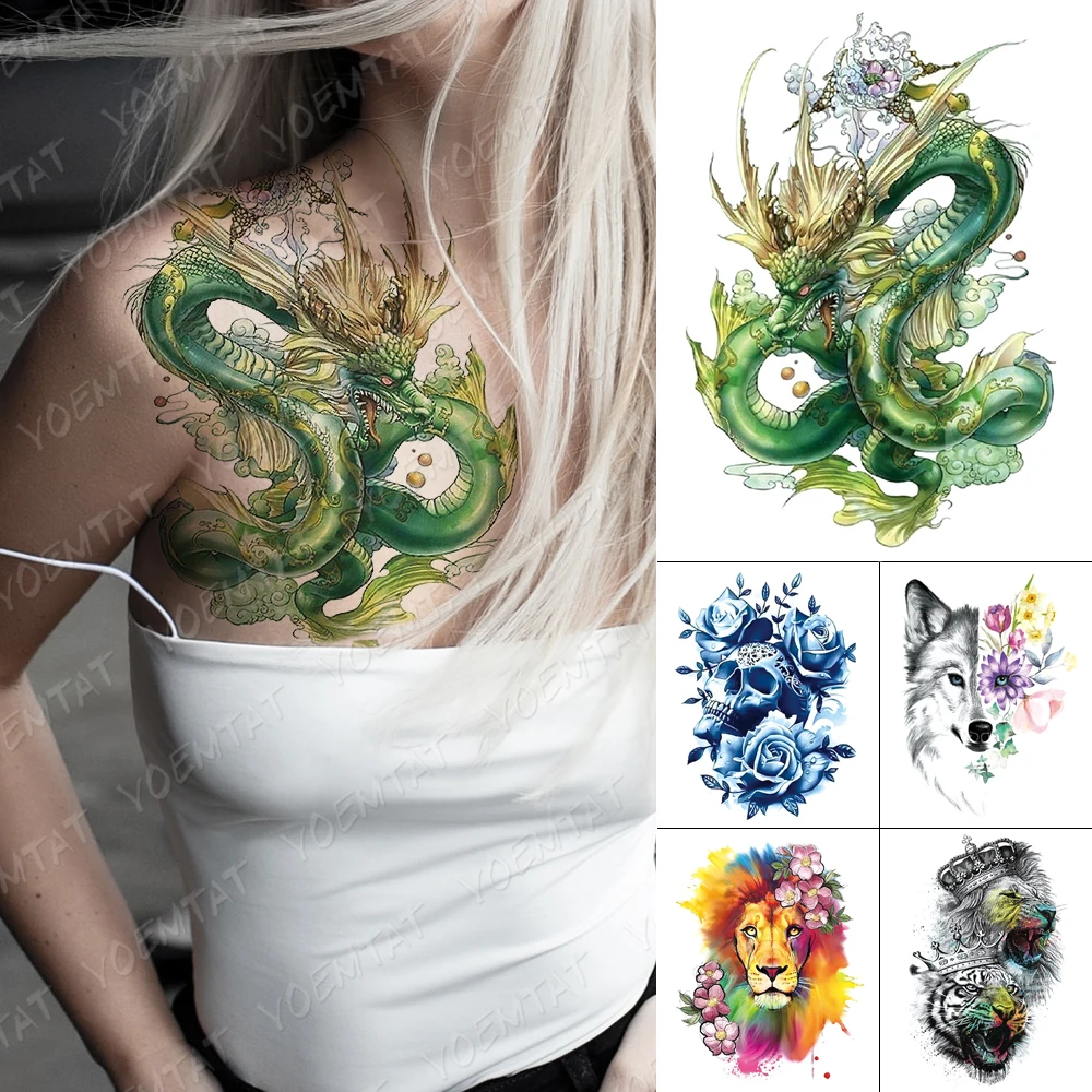 Top Trends: Waterproof Temporary Tattoo Stickers Dragon Snake Cloud Peony Flower Green Flash Tattoos Woman Body Art Fake Sleeve Tatoo Male Shoppable Styles