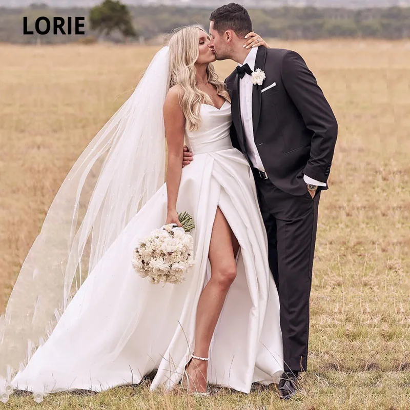 Top Trends: LORIE Satin Wedding Dresses Strapless A-Line Bridal Gowns Princess Custom Made High Split Wedding Gown Vestido De Noiva 2021 Shoppable Styles