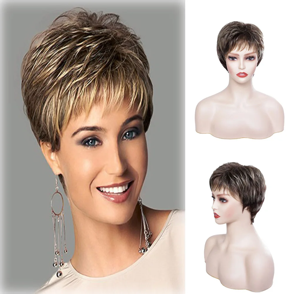 Top Trends: Ladies Short Omber Brown Synthetic Wig Pixie Cut Hairstyle Straight Wig With Bang For Women Daily Use Heat Resistant Fiber Shoppable Styles