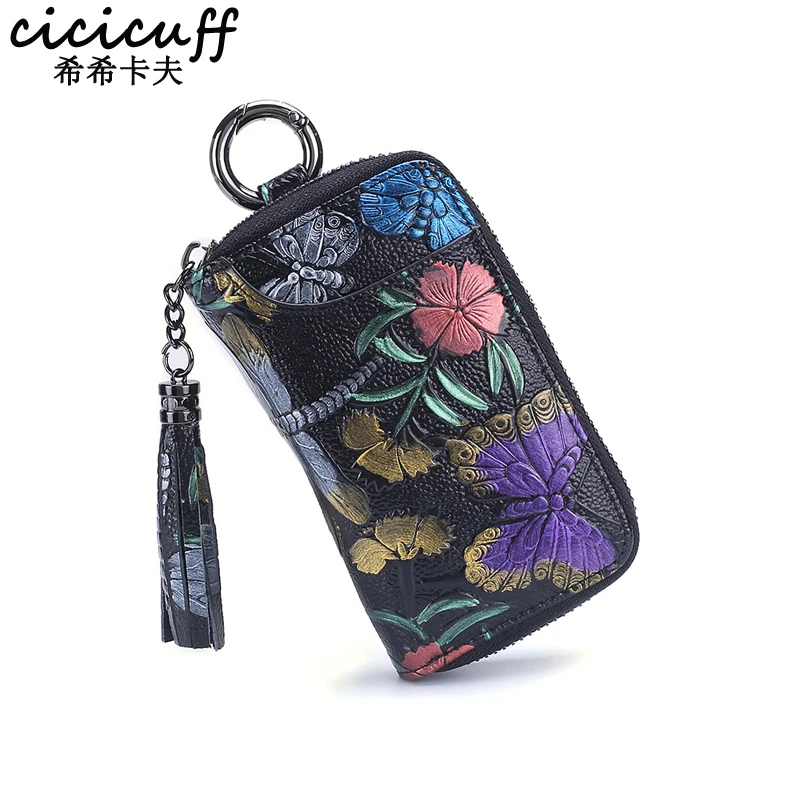 Top Trends: Fashion Rose Printing Key Case For Door Keys Cover Holder Genuine Leather Key Wallets Bag Tassel Women 8 Keys Holder Housekeeper Shoppable Styles