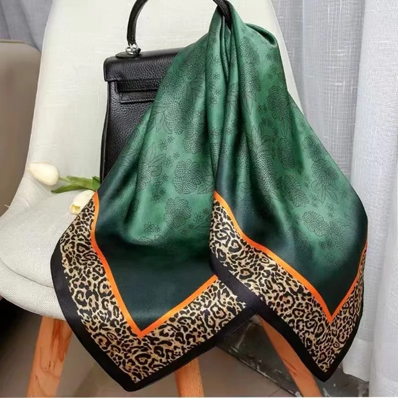 Top Trends: 2023 Spain Fashion 90*90cm Square Women Dark Green Leopard Floral Silk Shawl Scarf Office Lady Hair Headband Foulards Headcloth Shoppable Styles