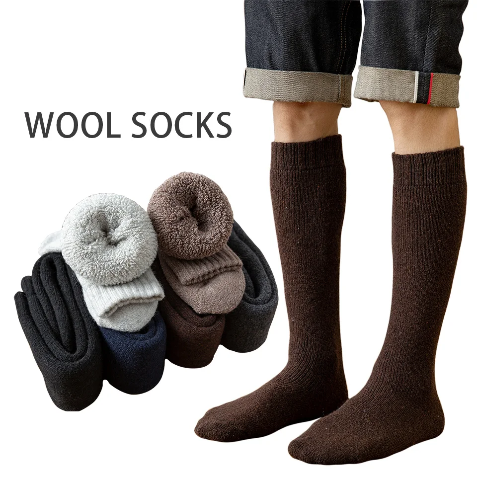 Top Trends: Winter Men's Knee Wool Long Socks Thick Warm Harajuku Retro Compression High Male Sock 3 Pair Shoppable Styles