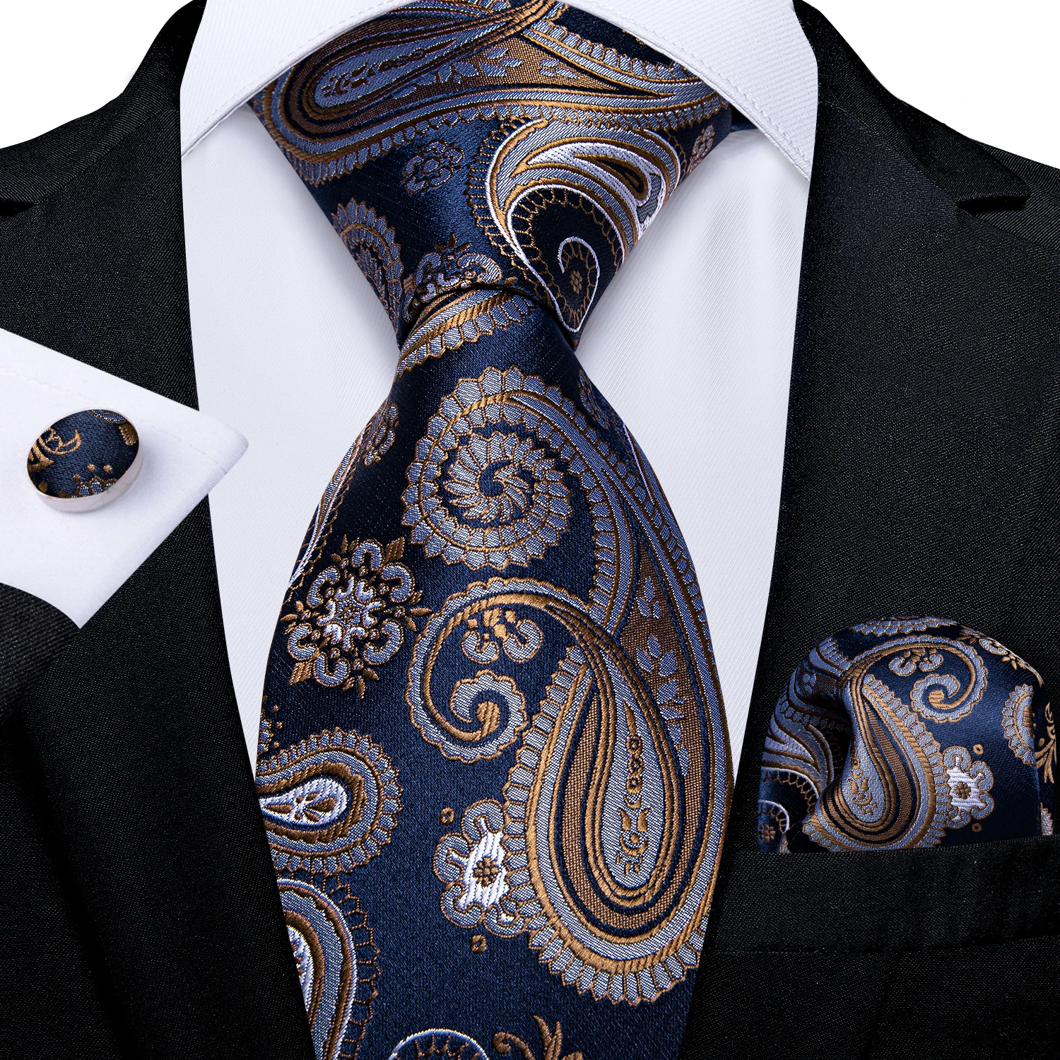 Top Trends: Luxury Blue Gold Paisley Men&#039;s Tie Business Wedding Formal Neck Tie For Men Gift Cravate Silk Tie Handkerchief Cufflinks DiBanGu Shoppable Styles