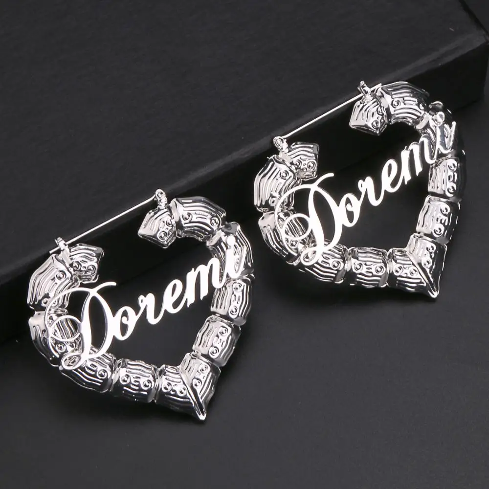 Top Trends: DOREMI 30-90mm Stainless Bamboo Custom Heart Shape Earrings Customize Name Earrings Bamboo Style Custom Hoop Earrings Numbers Shoppable Styles