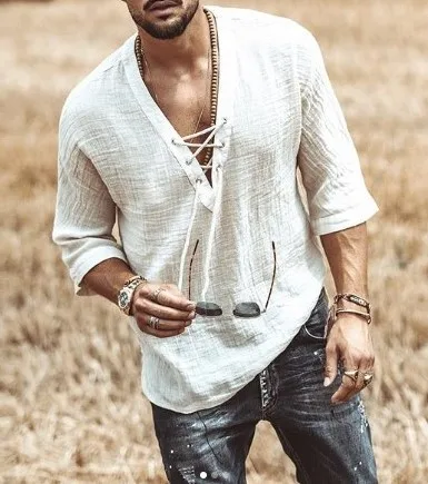 Top Trends: Men's Fashion Hippie Linen Shirt Casual Middle Sleeve V Neck Summer Beach Loose Tee Tops Solid Color T Shirts 2020 New Shoppable Styles