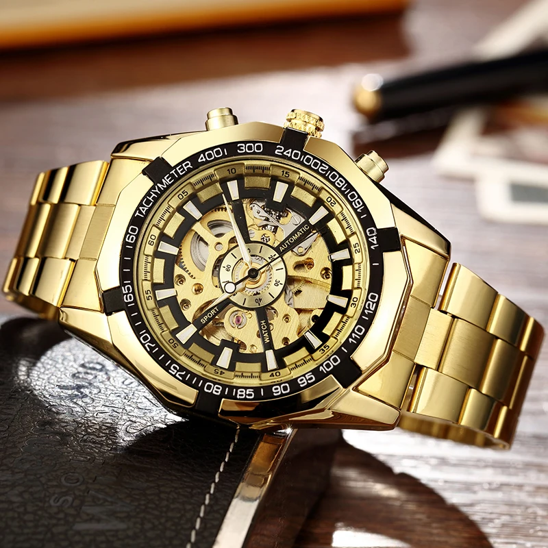 Top Trends: Skeleton Sports Automatic Stainless Steel Bracelet Chinese Mechanical Wrist Watches Mens Luxury Top Brand Gold Black Silver Gift Shoppable Styles