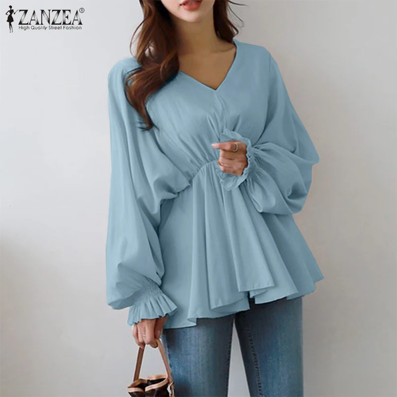 Top Trends: Women High Waist OL Blouses Fashion Puff Sleeve Shirts ZANZEA 2023 Casual V Neck Ruffle Blusas Female Solid Tunic Shoppable Styles