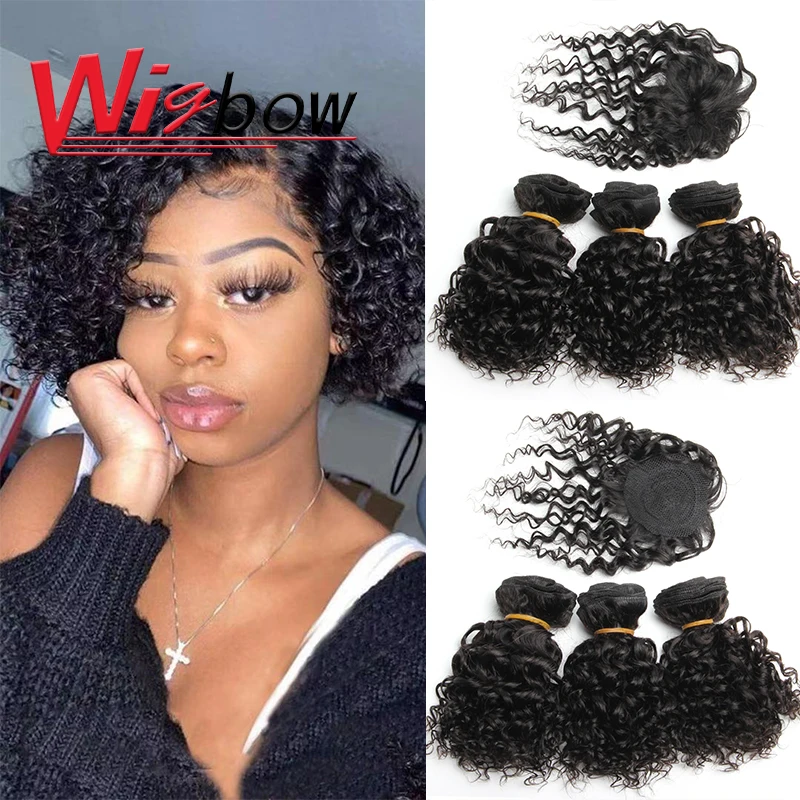 Top Trends: Short Kinky Curly Bundles With Closure 100% Human Hair Brazilian Curly Hair Bundles With Machine Made Closure Natural Color Remy Shoppable Styles