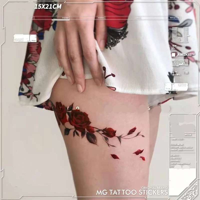 Top Trends: 1pcs New Red Rose Waterproof Temporary Tattoo Sticker Female Beautiful Flower Girl Fashion Sexy Art Fake Tattoo Leg Ankle Tattoo Shoppable Styles