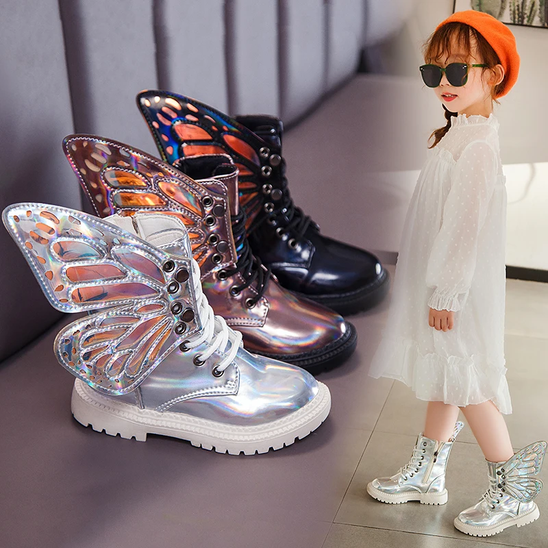 Top Trends: New Boots Kids 2020 Autumn Winter Girls Boots Children's Butterfly Wings Rubber Shoes Kids Plush Solid Leather Girl Child Shoe Shoppable Styles