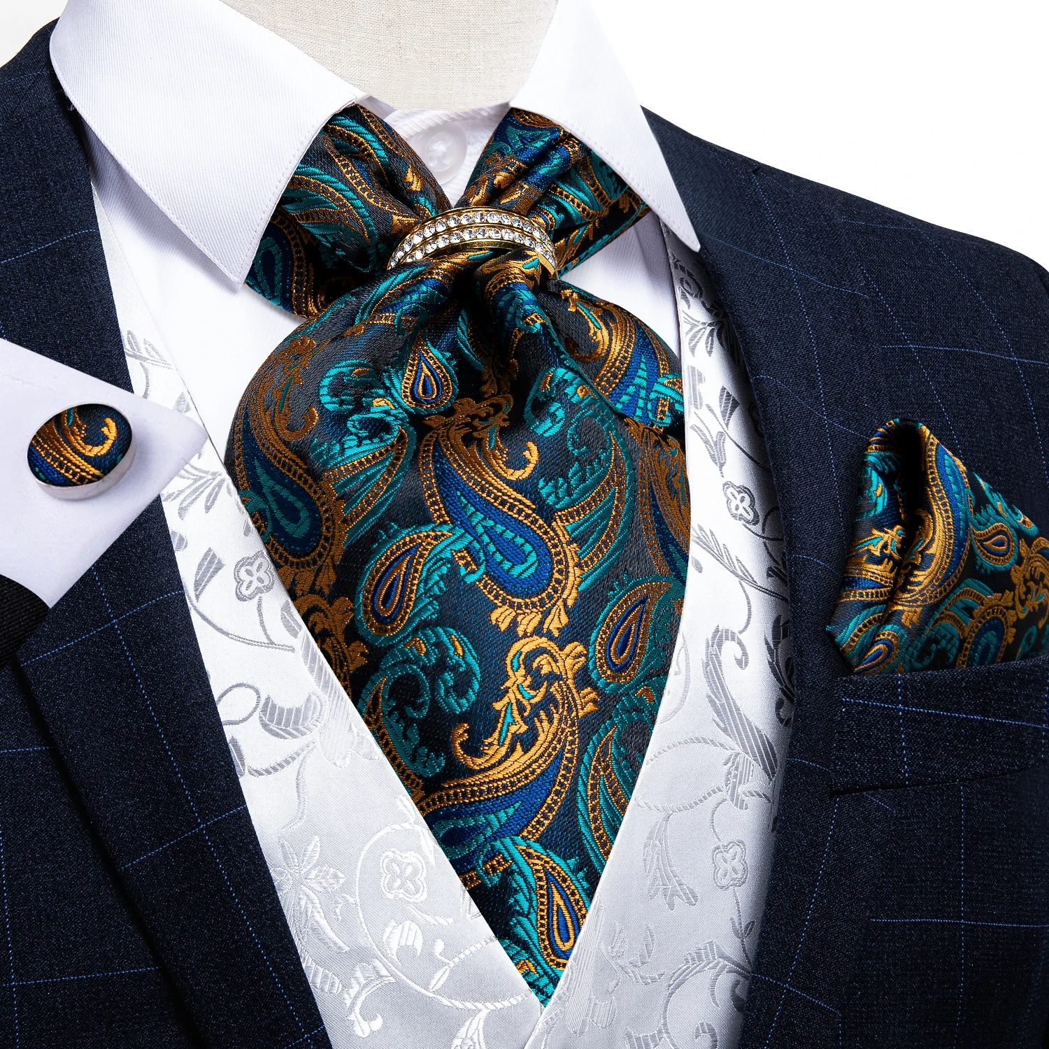 Top Trends: Men's Ascot Vintage Teal Green Gold Paisley Classic Wedding Formal Cravat Self Ties Gentleman 100% Silk Neck Tie Scarf DiBanGu Shoppable Styles