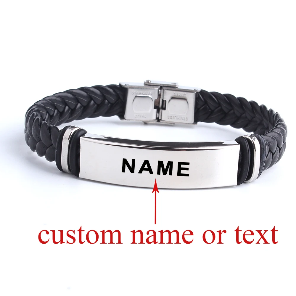 Top Trends: Black Sesame Custom Name Logo Leather Bangle &amp; Bracelet Personalized Stainless Steel Bracelets For Women Men ID Bracelet Shoppable Styles