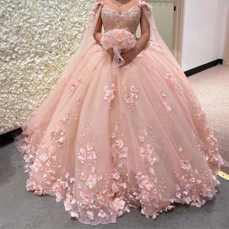 Top Trends: 2024 Romantic Blush 3d Flowers Ball Gown Quinceanera Prom Dresses With Cape Wrap Caftan Beaded Lace Long Sweet 16 Dress Vestidos Shoppable Styles