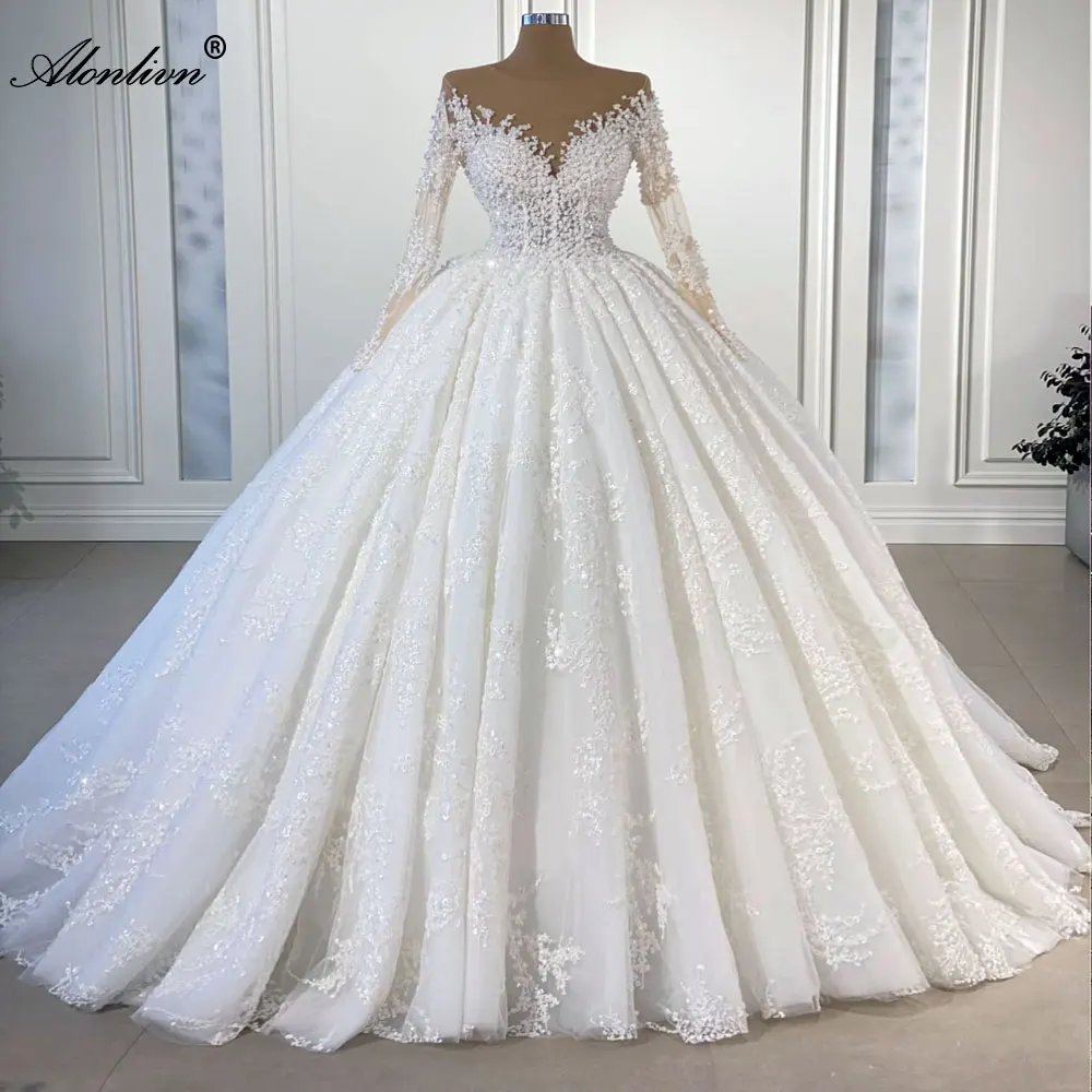 Top Trends: Alonlivn Elegant Silky Lace Of V-Neck Full Sleeve A Line Wedding Dress Beading Pearls Brown Skin Bridal Gowns Shoppable Styles