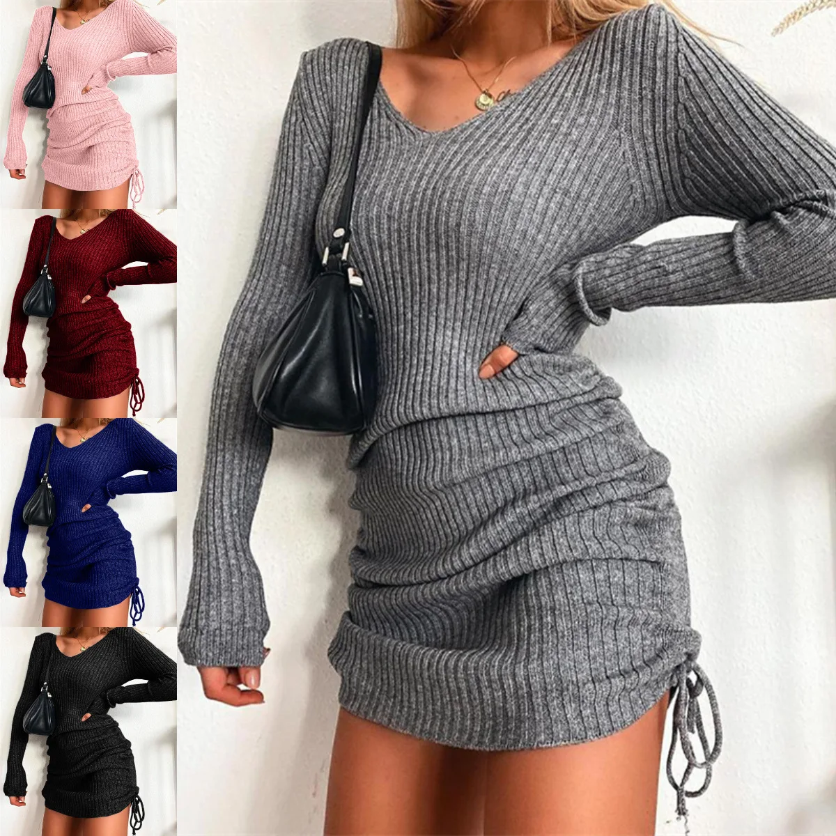 Top Trends: Women&#039;s Dress Knitted Drawstring Sexy Mini Dress Autumn Winter Elegant Fashion V-Neck Long Sleeve Bodycon Party Dresses Female Shoppable Styles