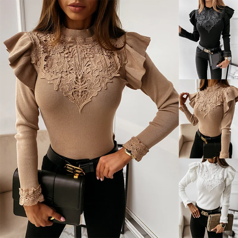 Top Trends: Elegant Ladies Spring And Autumn Sweater Stitching Lace Ruffled Decorative Long-sleeved Pure Self-cultivation Pullover Knit Top Shoppable Styles