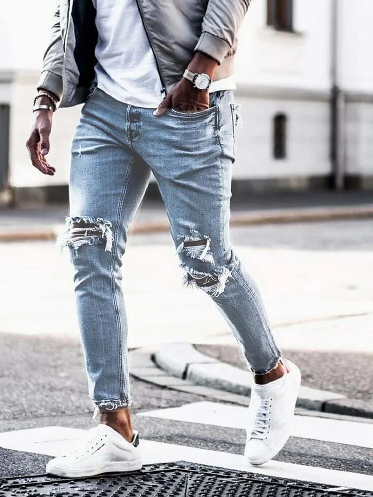 Top Trends: Men Jeans Streetwear Knee Ripped Skinny Hip Hop Fashion Estroyed Hole Pants Solid Color Male Stretch Casual Denim Big Trousers Shoppable Styles