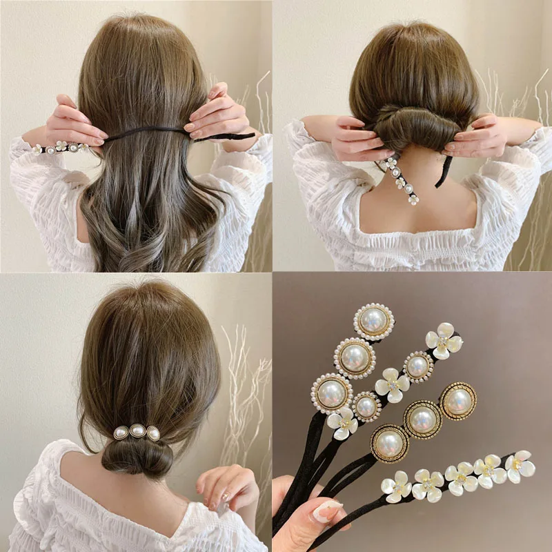 Top Trends: Women Easy Hair Bun Maker Floral Pearl Donut Updo Hair Stick DIY Plate Hair Tie Bendable Hairband Chignon Hair Accessories Gift Shoppable Styles