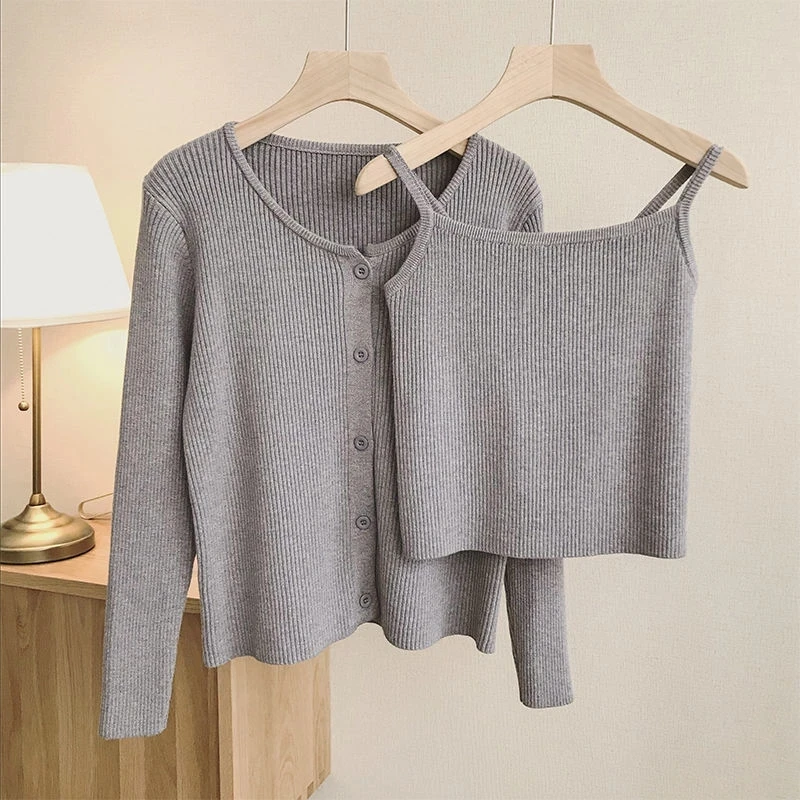 Top Trends: Casual Sling Camisole Knitted Cardigan Jacket Women Korean Fashion Basic Vest+ long Sleeve Top Solid 2 Piece Set Sweater Oversize Shoppable Styles