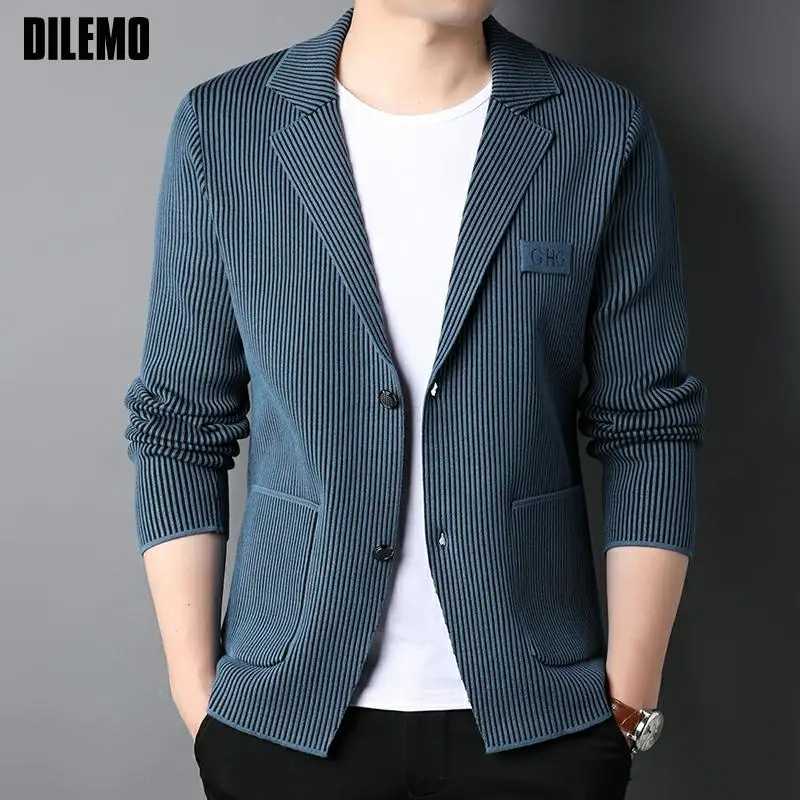 Top Trends: Top Grade New Brand Fashion Slim Fit Blazer Jacket Smart Elegant Stylish Knitted Suit Striped Men Coat Casual Mens Clothes 2023 Shoppable Styles