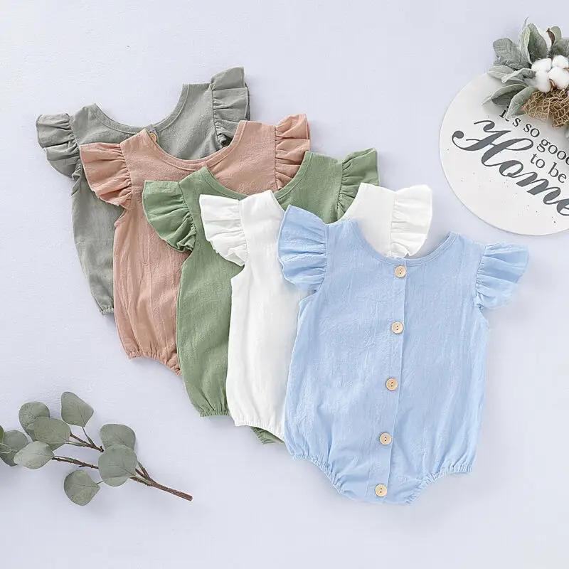 Top Trends: 2019 Solid Color Summer Newborn Infant Baby Girls Boys Linen Romper Outfits Jumpsuit Bodysuit Hot Sale Unisex Bodysuits Shoppable Styles