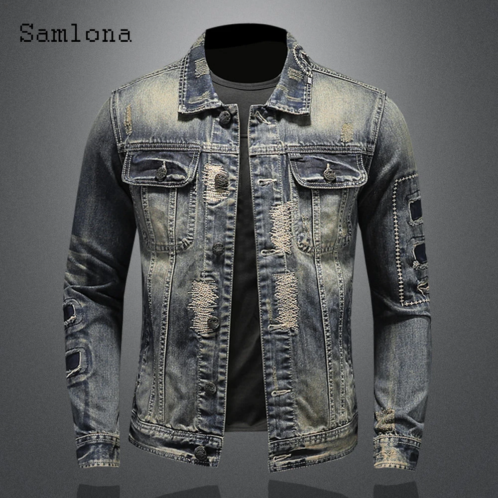 Top Trends: Samlona 2022 Spring New Mens Denim Jackets European Style Fashion Slim Jean Denim Jacket Homme Patchwork Coats Sexy Men Clothing Shoppable Styles