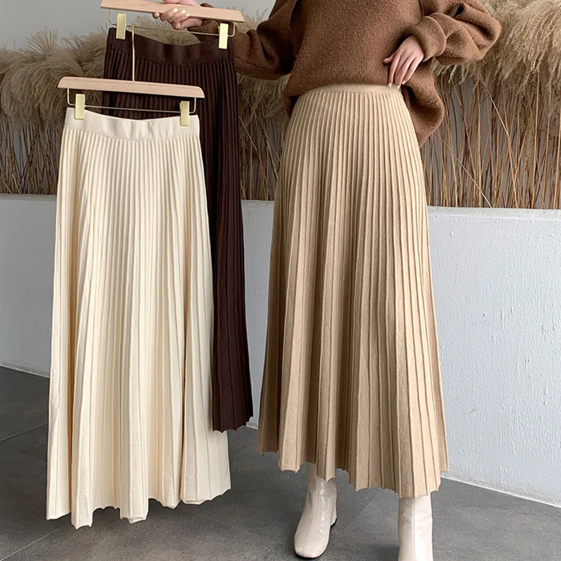 Top Trends: Knitted Long Midi Skirts Women Elastic Waist Thicken Elegant Autumn Winter A-Line Knitwear Striped Casual Harajuku Vintage Z033 Shoppable Styles