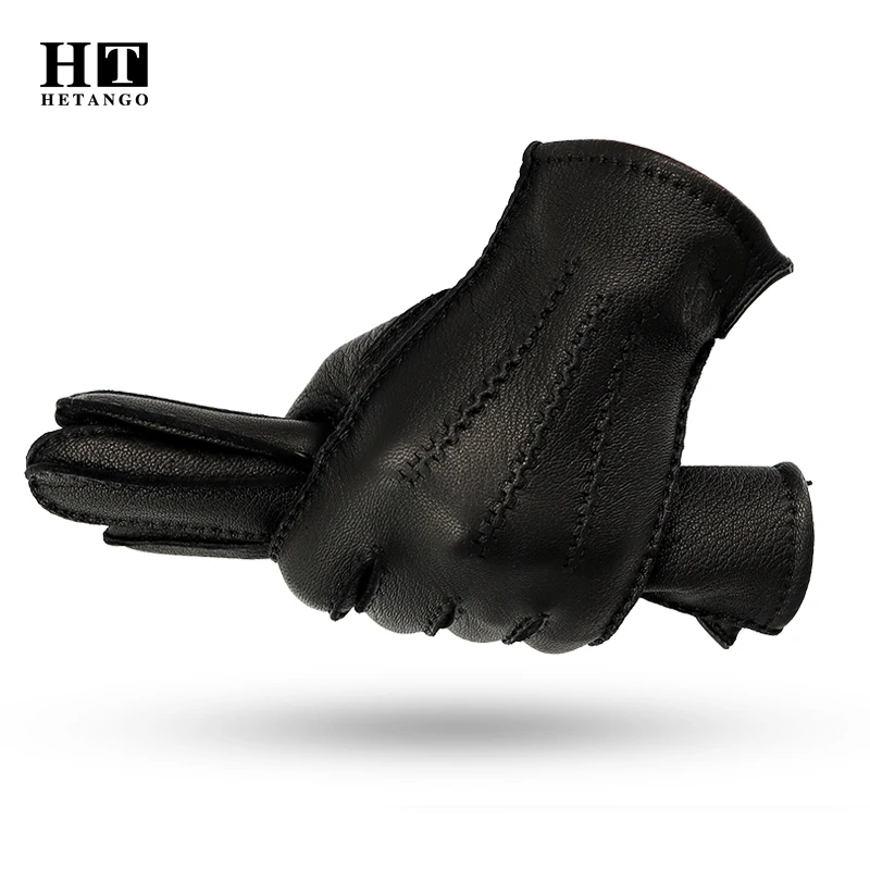 Top Trends: New Winter Men&#039;s Leather Gloves Hand-stitched Deerskin Warm Wear-resistant Black Wave Pattern Cold Proof Mittens 70% Wool Lining Shoppable Styles