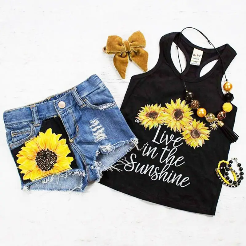 Top Trends: 1-6 Years Toddler Girl Clothes Set Sleeveless Sunflower Letter Print Tank Tops With Denim Short Pants Summer Children's Sets Shoppable Styles