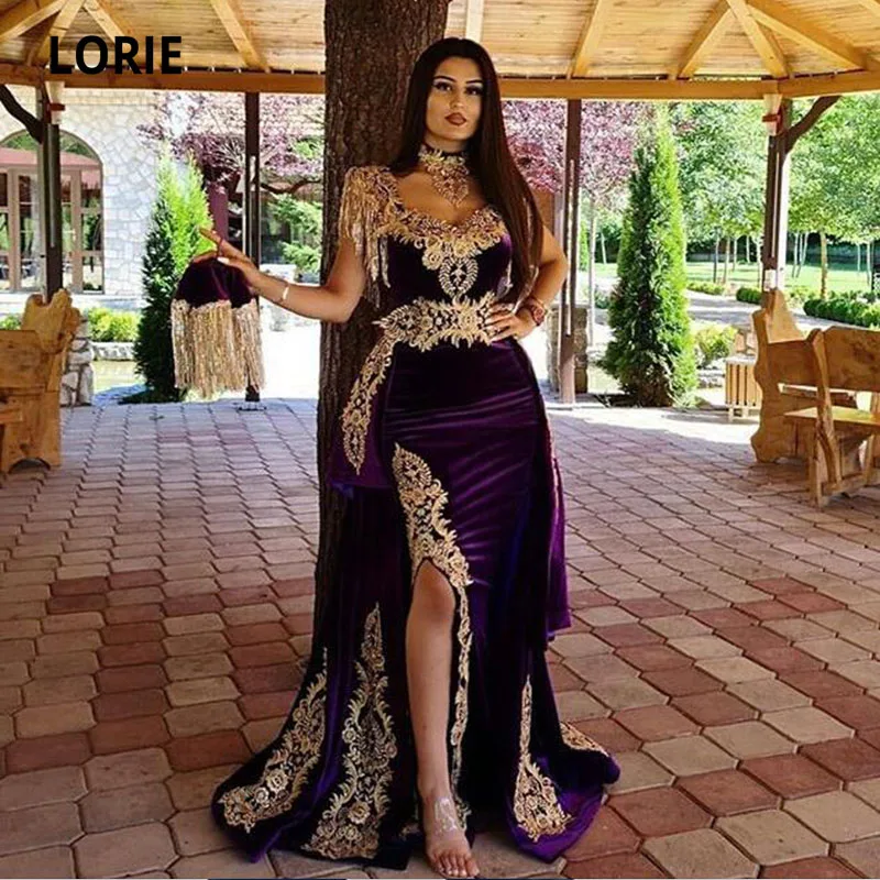 Top Trends: LORIE Moroccan Caftan Evening Dress With Detachable Train Gold Appliques Velvet Mermaid Dubai Arabic Prom Gown Party Dress 2021 Shoppable Styles