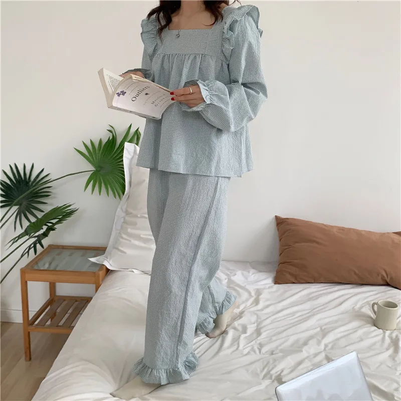 Top Trends: Pajama Set Plaid Homewear Two Piece Set Women Sleepwear Long Sleeve Tops Pants Pyjama Loose Korean Ladies Home Suit Ruffles L617 Shoppable Styles