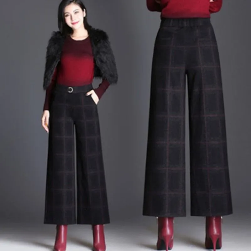 Top Trends: Striped Women Wide Leg Pants Woolen New Thick Warm Fashion Autumn Winter Trousers Elastic High Waist Female Casual Loose Pant Shoppable Styles