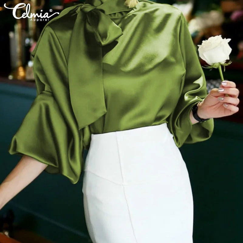 Top Trends: Celmia Satin Silk Blouses Women Fashion Luxury Tops 2023 Autumn Elegant Lantern Sleeve Belted Shirts Casual Bow Tie Party Blusas Shoppable Styles