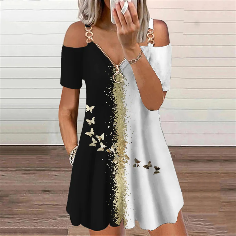 Top Trends: Butterflies 3D Print Elegant Fashion Dress Women's Clothing 2023 Summer Zipper V-Neck Off Shoulder Casual Mini Dresses Oversized Shoppable Styles