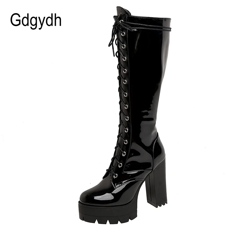 Top Trends: Gdgydh Patent Leather White Knee High Boots Lace Up Ladies Platform Boots High Heels Fashion Nightclub Patry Shoes Wholesale Shoppable Styles