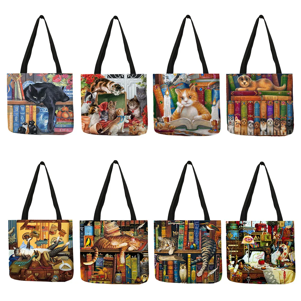 Top Trends: Customize Oil Painting Cat Print Womens Designer Tote Bags Linen Reusable Shopping Bag For Groceries Shoulder Bags For Lady 2020 Shoppable Styles