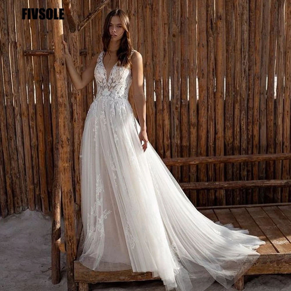 Top Trends: Fivsole A-line Wedding Dress Lace Appliques Boho Wedding Dress Backless Bride Dress Weeding Gowns Vestidos De Novia 2022 Shoppable Styles