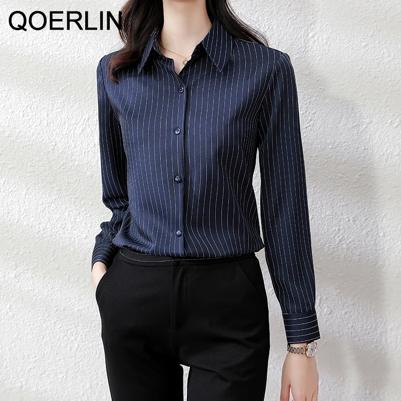 Top Trends: QOERLIN High End Striped Shirt Female OL Formal Temperament Long Sleeve Tops Blouse Women Turn-Down Collar Loose Casual Blusas Shoppable Styles