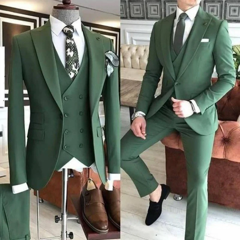 Top Trends: Groom Wear 3 Pieces Green Men Suits 2021 Slim Fit Peak Lapel One Button Tailor Made Terno Masculino (Jacket+ Pants+ Vest+ Tie） Shoppable Styles