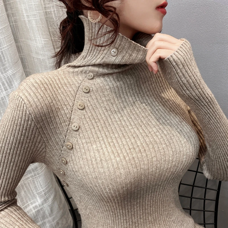 Top Trends: Buttons Knitted Women Turtleneck Sweater Pullovers Autumn Winter Basic Women Highneck Sweaters Pullover Slim Female Tops Shoppable Styles