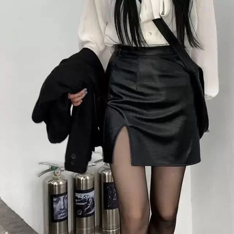 Top Trends: HOUZHOU Black Leather Skirt Sexy Split A-LINE Mini Skirts Goth Punk Fashion Streetwear Women Autumn Korean Fashion High Street Shoppable Styles