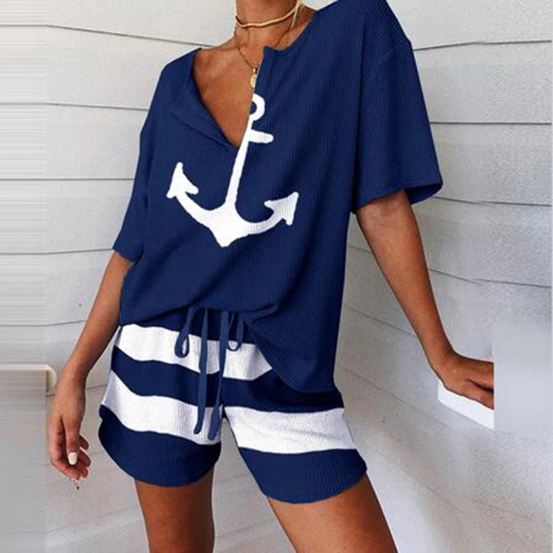 Top Trends: Summer 2Pcs Women Tracksuit Boat Anchor Print Shirt Shorts Set Spring Elegant V Neck Pullover Ladies Sportswear Suits Pocket Hot Shoppable Styles