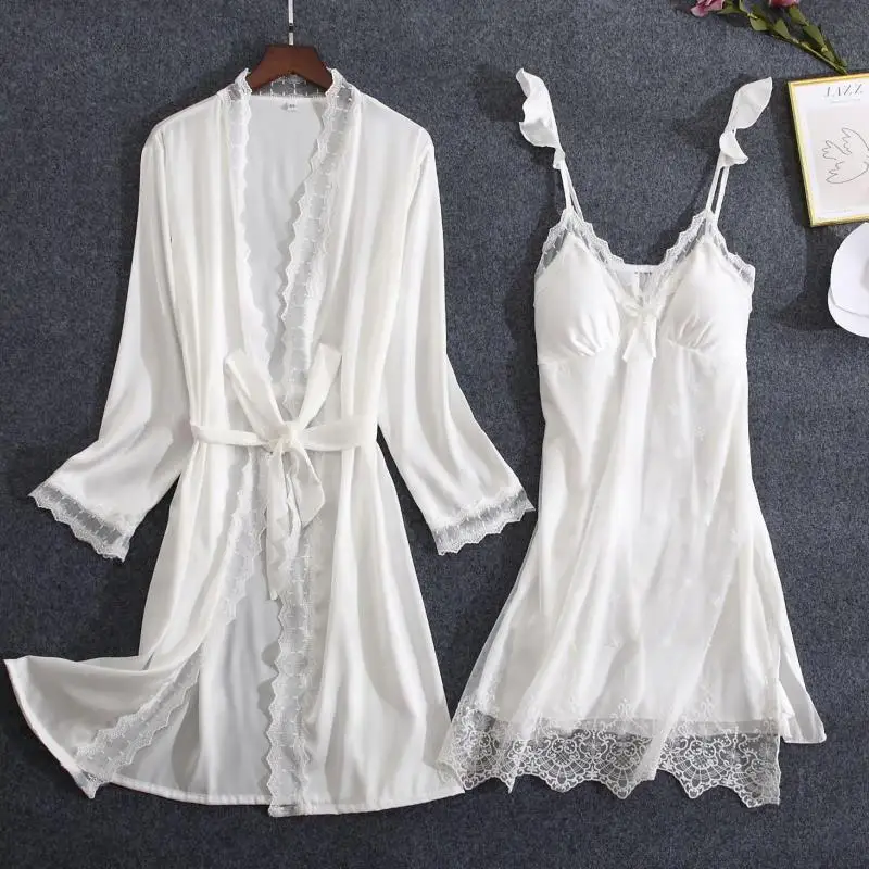 Top Trends: White Lace Bride Bridesmaid Wedding Robe Set Women Summer Sleepwear Kimono Bathrobe Gown Loose Casual Sleep Suit Sexy Home Dress Shoppable Styles