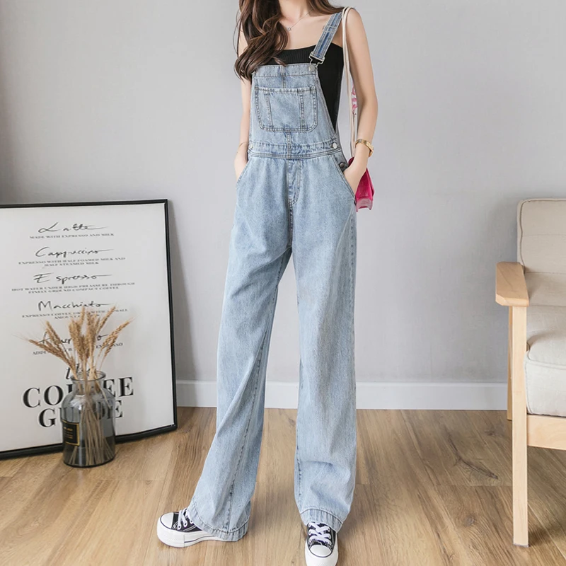 Top Trends: Korean Style Sleeveless Denim Jumpsuit Women Casual Blue Straight Leg Overalls Streetwear Solid Suspenders Rompers Playsuits Shoppable Styles