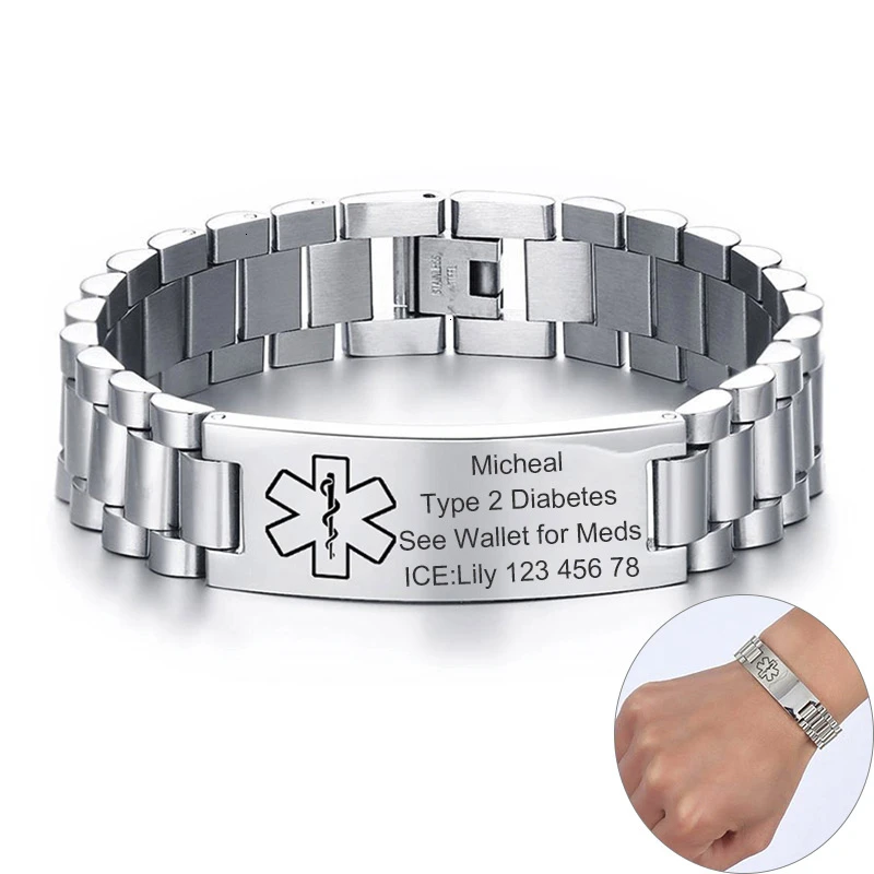 Top Trends: Mens Chunky Medical Alert ID Bracelets Anti Allergy Stainless Steel Male Custom Engrave Name Emergency Contact Info Care Gifts Shoppable Styles